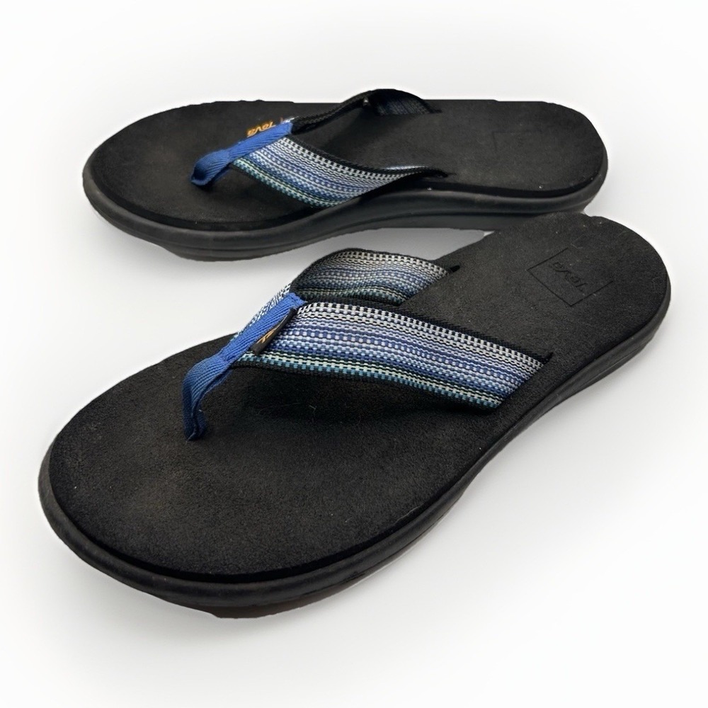 Teva Voya Womens Black Blue Striped Straps Flip Flop Sandals 1019040 Size 8